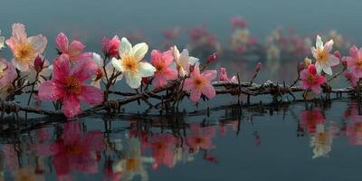 Beautiful blossoms blooming over a serene lake during early morning mist in a tranquil natural setting with gentle reflections photo