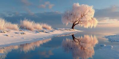 Frozen landscape featuring a solitary tree with frosty branches reflecting on calm water during winter twilight photo