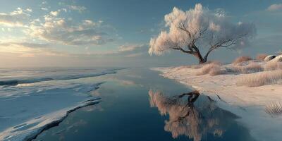 Winter landscape featuring a solitary tree by a frozen river at dusk near a serene shoreline photo