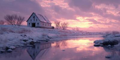 Winter sunset over a serene landscape with a rustic cabin by the river photo