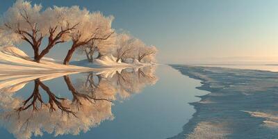 Frozen landscape with white trees reflected in calm water at sunrise in winter photo