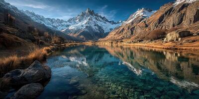 Majestic mountain landscape reflected in a serene river during early morning hours photo
