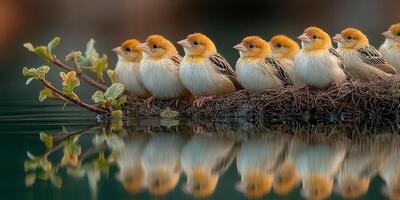 Group of colorful birds resting on a nest near calm water in a tranquil setting during daylight photo