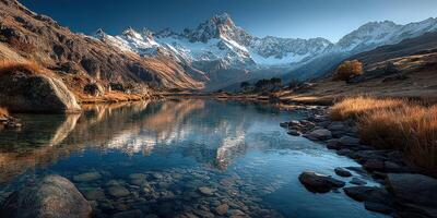 Breathtaking mountain landscape reflecting on a tranquil lake at dawn in the Peruvian Andes with rugged peaks and serene surroundings photo