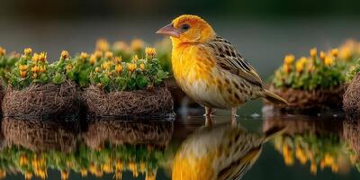 Bright yellow bird stands near blooming flowers reflecting in still water at sunset in a tranquil garden setting photo