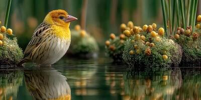Bright yellow bird stands near lush greenery and serene water reflecting its vibrant colors in a natural habitat setting photo
