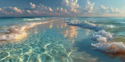 Serene ocean waves gently lap at the shore under a vibrant sky filled with clouds at sunset photo