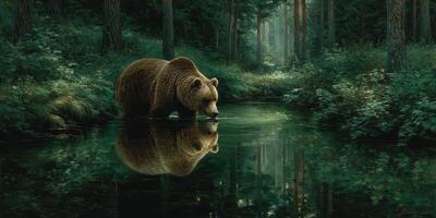 Grizzly bear drinking at a tranquil forest pond surrounded by lush greenery in the early morning light photo