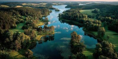 Scenic river landscape surrounded by lush greenery and tranquil waters during golden hour in a peaceful rural setting photo