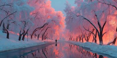 Winter wonderland with frosted trees and serene reflections at dawn in a quiet landscape photo