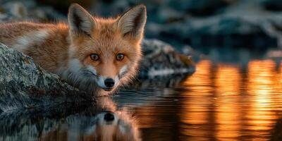 Fox resting by the water at sunset with reflections in the tranquil scene photo