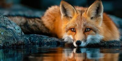 Fox resting near water at dawn in a serene natural setting with vibrant colors photo