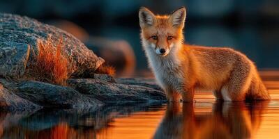 Red fox stands gracefully in shallow water during sunset at a serene lakeside location photo