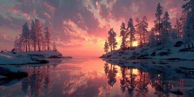 Winter sunset reflects on still lake surrounded by snowy trees and rocky shoreline photo
