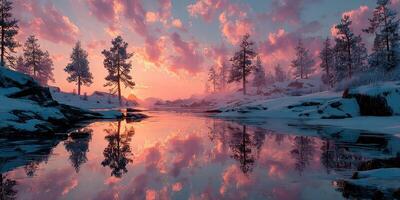 Sunset over a snowy landscape with reflections in calm waters in a serene natural setting photo