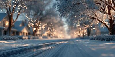 Snowy winter street lined with glowing lights and frosted trees in a serene suburban neighborhood at dusk photo