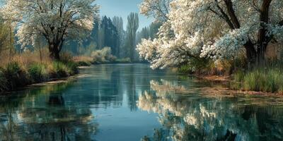 Calm river reflecting white blossoms and trees in spring during early morning light photo