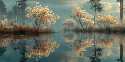 Blossoming trees reflect beautifully in calm water during serene dawn in a tranquil nature setting photo