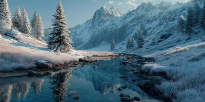 Snow-covered mountains and a serene river create a peaceful winter landscape in the early morning light photo