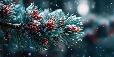 Frost-covered pine branches with vibrant red cones in a snowy forest setting during winter photo