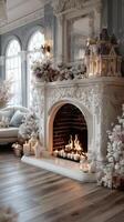 Cozy winter living room with elegant fireplace and festive decorations in soft white tones photo