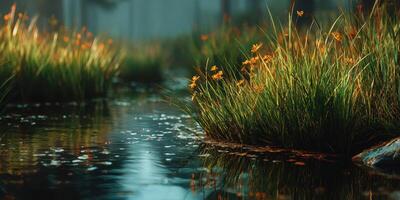 Serene morning by the river with blooming wildflowers and reflections in calm water photo