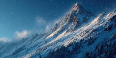Majestic snow-covered mountain peak shines under the blue sky during a snowstorm at sunset photo