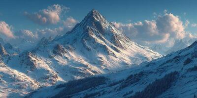Majestic snow-covered mountain range under a vibrant sky at dusk with soft clouds photo