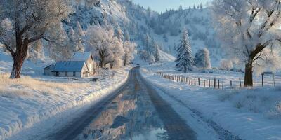 Winter landscape featuring snow-covered road and quaint house in a serene mountain setting photo