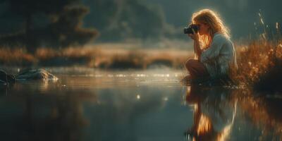 Woman capturing nature's beauty by the serene waterside during golden hour while surrounded by lush landscapes photo