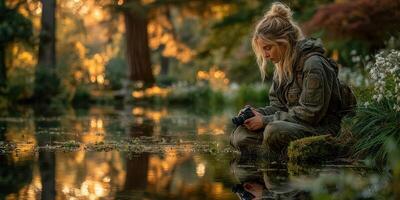 Nature enthusiast captures reflections at a serene lakeside during golden hour in a tranquil garden setting photo
