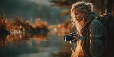 Photographer captures reflections in serene water during golden hour near a lush landscape photo