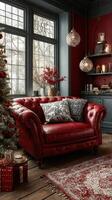 Cozy red leather sofa with decorative pillows in a festive setting during winter holidays photo