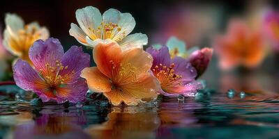 Blooming flowers reflecting on water surface during a serene moment in a tranquil garden setting photo