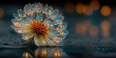 Delicate flower adorned with dew drops glows softly in dim light during early morning hours photo