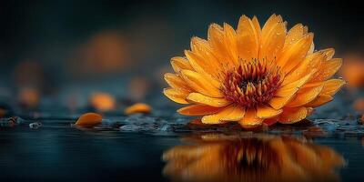 Vibrant orange flower blooming on calm water surface at dusk with dew drops shimmering photo