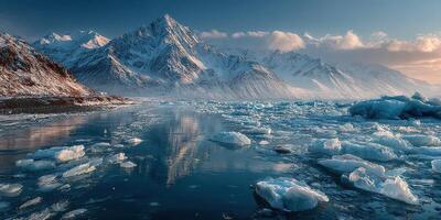 Stunning mountain landscape with icy reflections and tranquil waters during golden hour photo