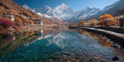 Serene mountain landscape reflecting in a crystal-clear lake with colorful prayer flags in the foreground photo