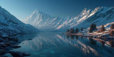Mountain reflection by a serene lake at dawn with snow-covered peaks and clear blue sky photo