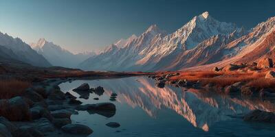Majestic mountain range reflecting in a serene river at sunset in a tranquil valley photo