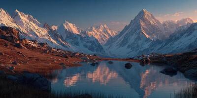 Majestic mountain landscape with serene lake reflecting peaks during twilight photo
