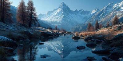 Majestic mountain landscape with serene water and autumn trees during early morning light photo