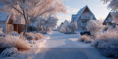 Winter wonderland with snow-covered houses and frosted trees at dawn in a tranquil neighborhood photo