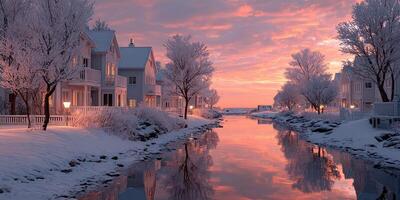 Winter evening glow reflects on a canal lined with houses and trees in a snowy village at sunset photo