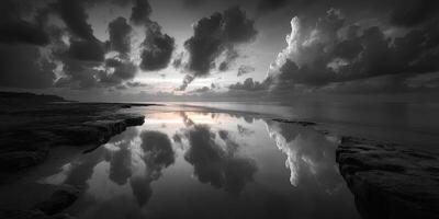 Stunning black and white reflection of clouds over calm water at sunset near rocky shoreline photo
