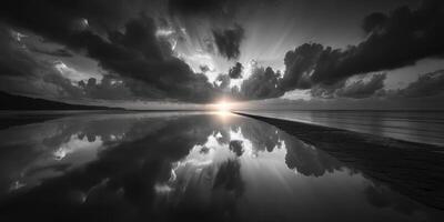 Creating a tranquil atmosphere at dawn with reflective waters and dramatic clouds on a serene beach photo