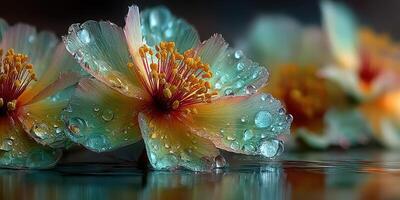 Water droplets glisten on vibrant flowers in a serene garden setting during early morning hours photo