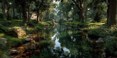 Serene forest landscape with a calm river reflecting trees in bright sunlight during a tranquil afternoon photo
