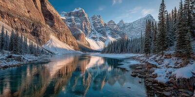 Mountain scenery with snow and reflective lake at sunrise in a serene wilderness landscape photo