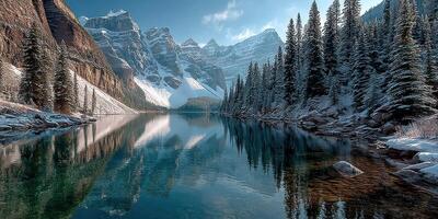 Mountain lake reflecting snowy peaks and evergreen trees under a clear winter sky in a serene natural landscape photo